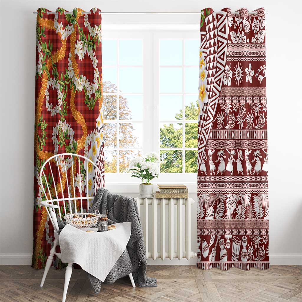 Hawaiian Plumeria Lei Window Curtain Kakau Motifs and Palaka Half Style Red Color - Polynesian Pride