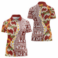 Hawaiian Plumeria Lei Women Polo Shirt Kakau Motifs and Palaka Half Style Red Color - Polynesian Pride