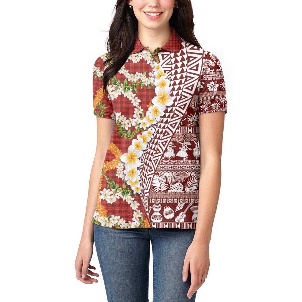 Hawaiian Plumeria Lei Women Polo Shirt Kakau Motifs and Palaka Half Style Red Color - Polynesian Pride