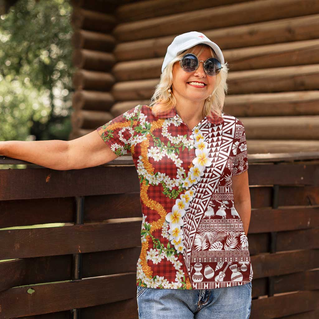 Hawaiian Plumeria Lei Women Polo Shirt Kakau Motifs and Palaka Half Style Red Color - Polynesian Pride