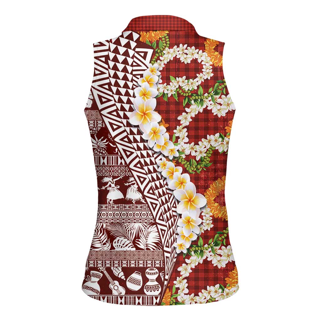 Hawaiian Plumeria Lei Women Sleeveless Polo Shirt Kakau Motifs and Palaka Half Style Red Color - Polynesian Pride