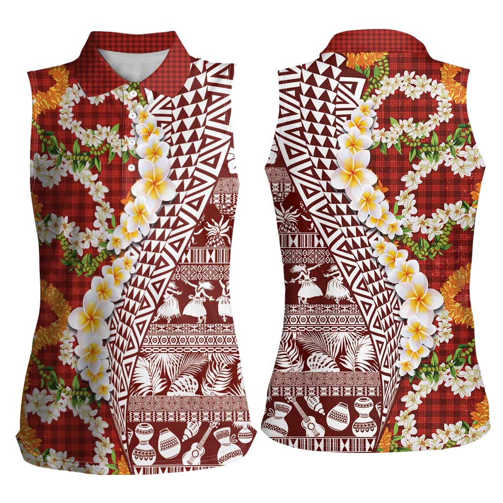 Hawaiian Plumeria Lei Women Sleeveless Polo Shirt Kakau Motifs and Palaka Half Style Red Color - Polynesian Pride