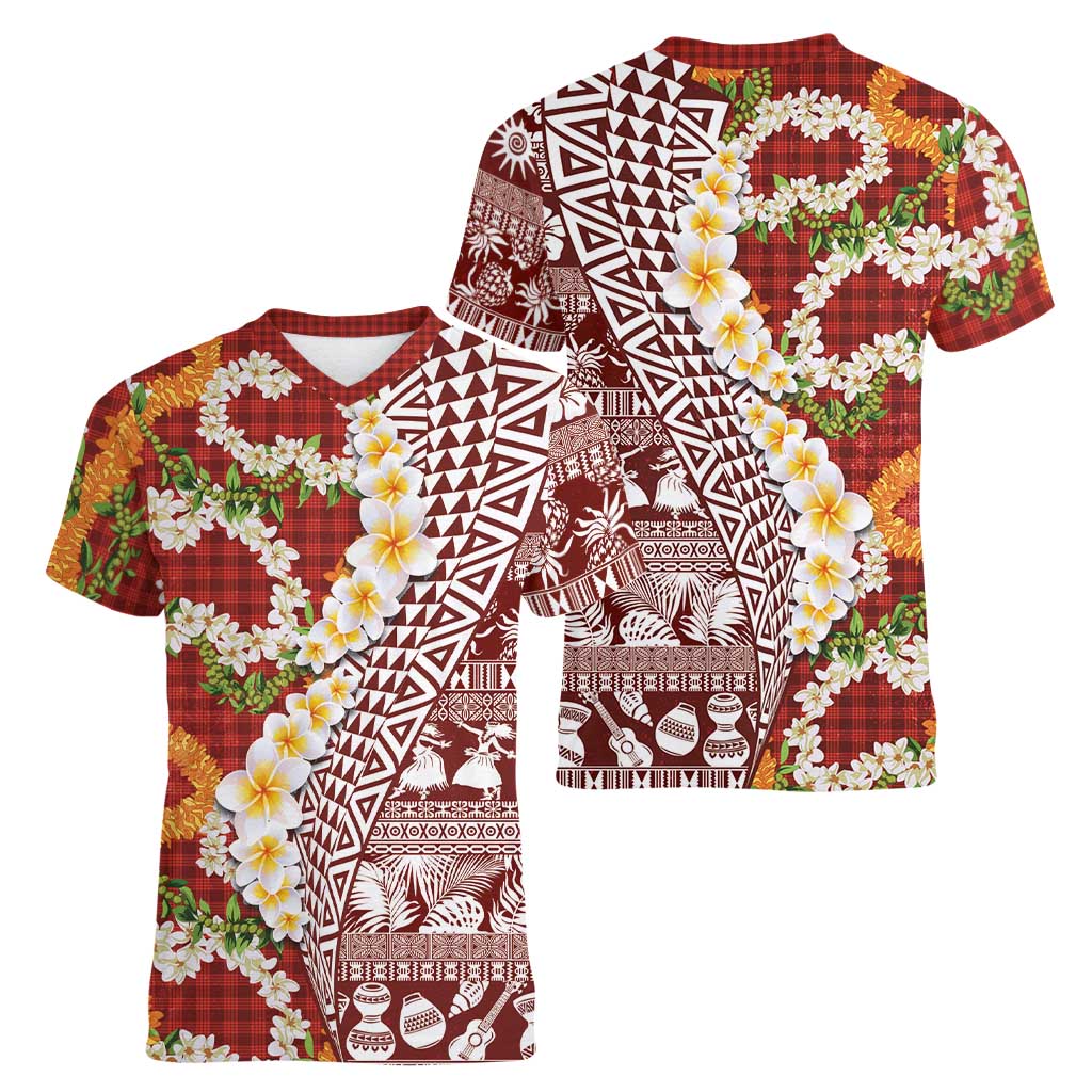 Hawaiian Plumeria Lei Women V-Neck T-Shirt Kakau Motifs and Palaka Half Style Red Color - Polynesian Pride