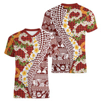 Hawaiian Plumeria Lei Women V-Neck T-Shirt Kakau Motifs and Palaka Half Style Red Color - Polynesian Pride