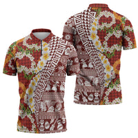 Hawaiian Plumeria Lei Zipper Polo Shirt Kakau Motifs and Palaka Half Style Red Color - Polynesian Pride