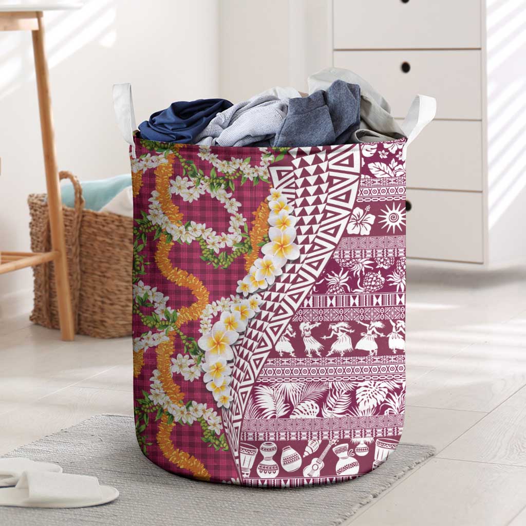 Hawaiian Plumeria Lei Laundry Basket Kakau Motifs and Palaka Half Style Pink Color LT03 Pink - Polynesian Pride