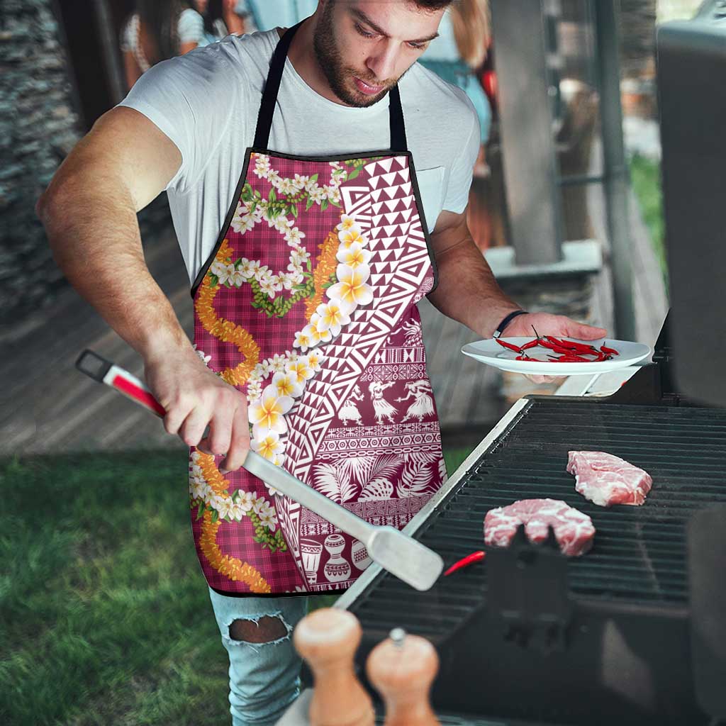 Hawaiian Plumeria Lei Apron Kakau Motifs and Palaka Half Style Pink Color - Polynesian Pride