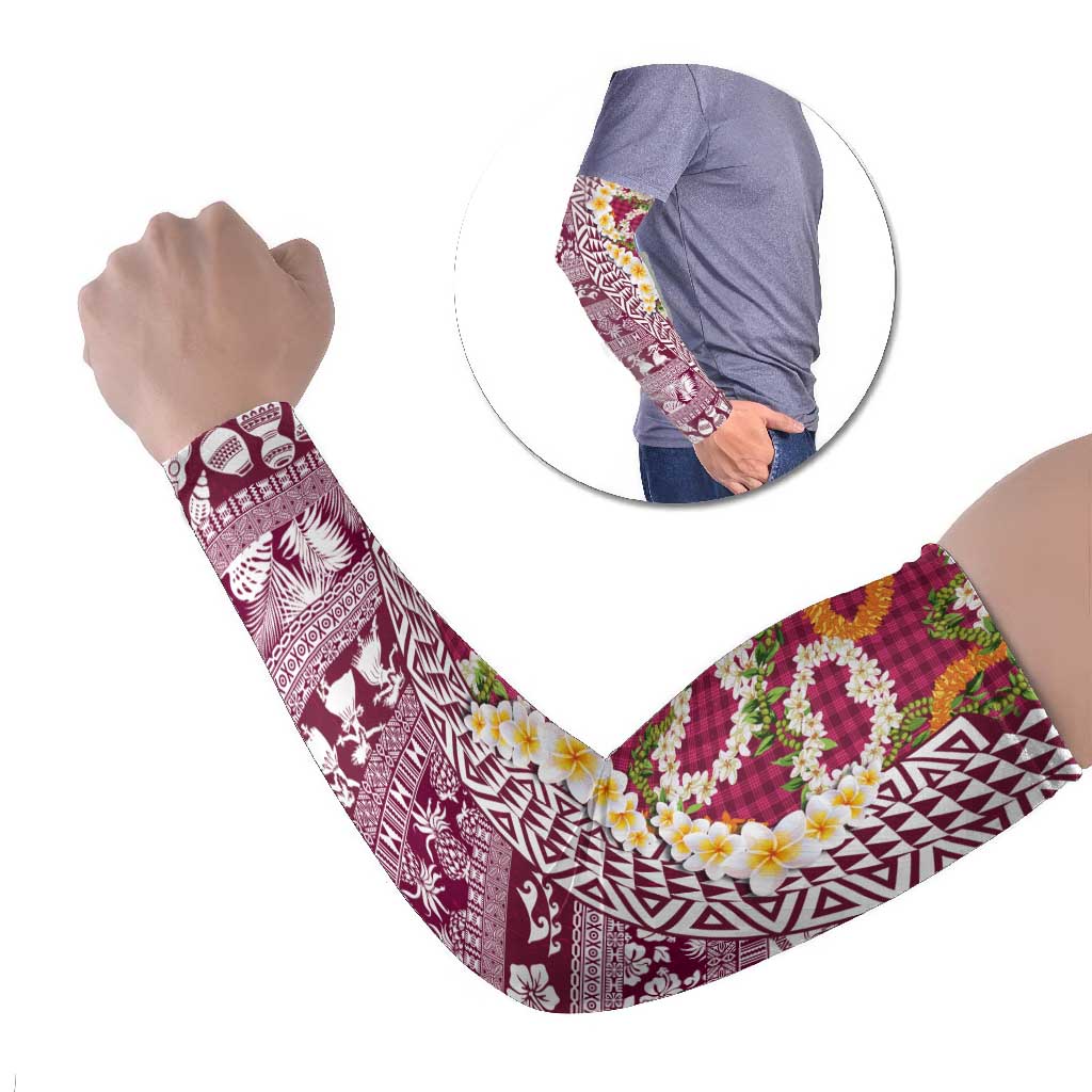 Hawaiian Plumeria Lei Arm Sleeves Kakau Motifs and Palaka Half Style Pink Color LT03 Set of 2 Pink - Polynesian Pride