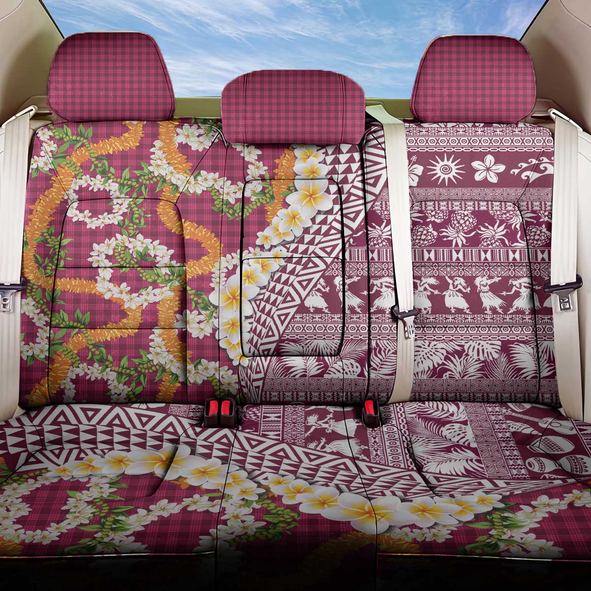 Hawaiian Plumeria Lei Back Car Seat Cover Kakau Motifs and Palaka Half Style Pink Color LT03 One Size Pink - Polynesian Pride