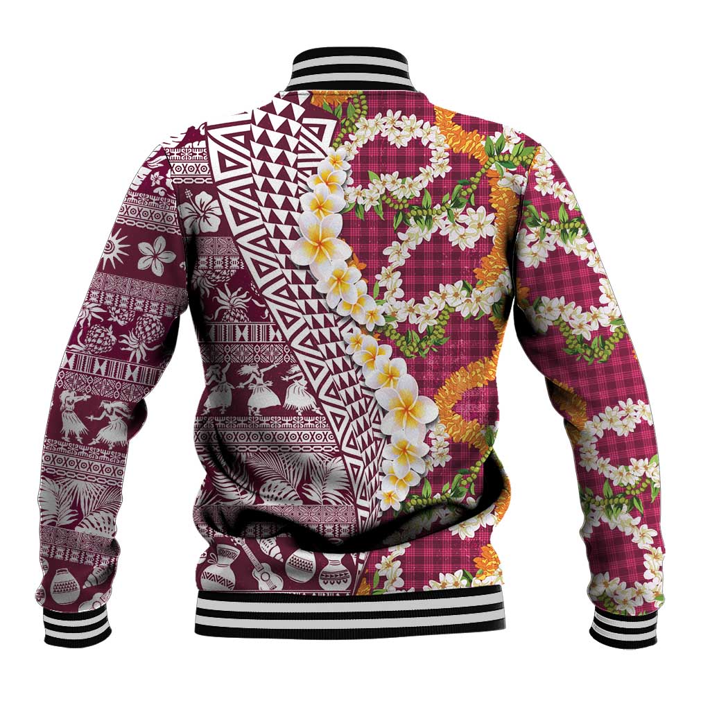 Hawaiian Plumeria Lei Baseball Jacket Kakau Motifs and Palaka Half Style Pink Color LT03 - Polynesian Pride