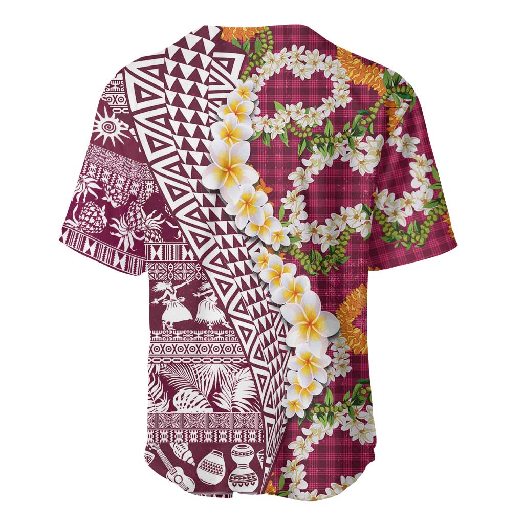 Hawaiian Plumeria Lei Baseball Jersey Kakau Motifs and Palaka Half Style Pink Color - Polynesian Pride