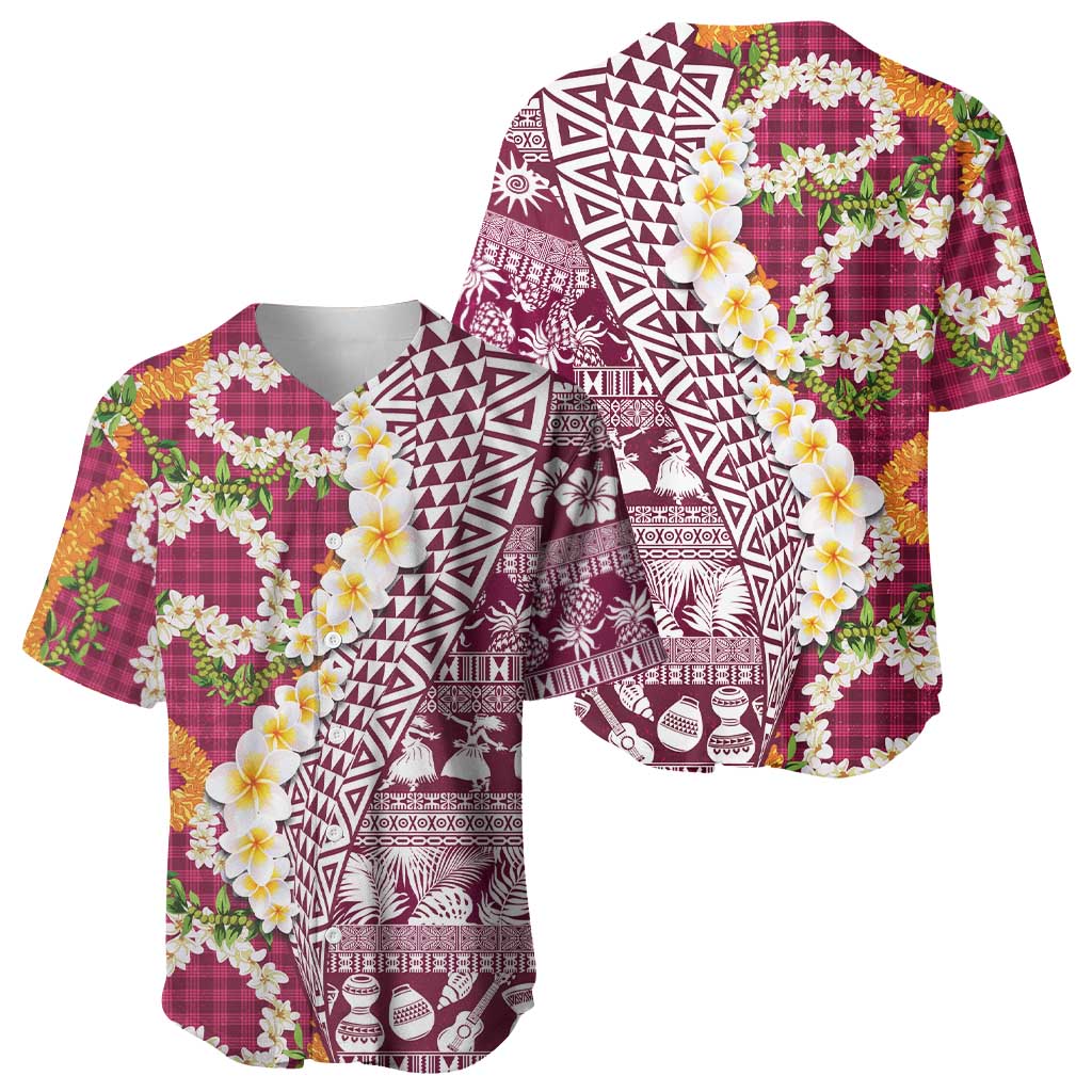 Hawaiian Plumeria Lei Baseball Jersey Kakau Motifs and Palaka Half Style Pink Color - Polynesian Pride