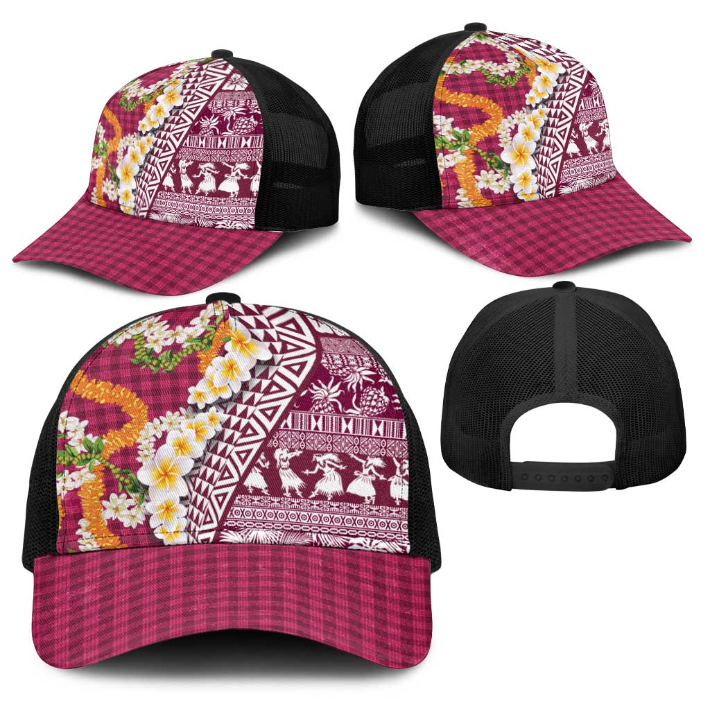 Hawaiian Plumeria Lei Baseball Net Cap Kakau Motifs and Palaka Half Style Pink Color LT03 - Polynesian Pride