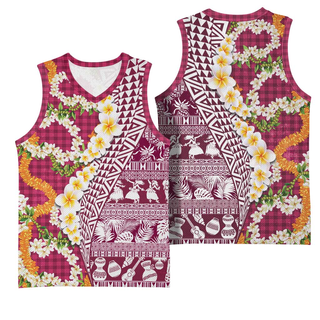Hawaiian Plumeria Lei Basketball Jersey Kakau Motifs and Palaka Half Style Pink Color - Polynesian Pride