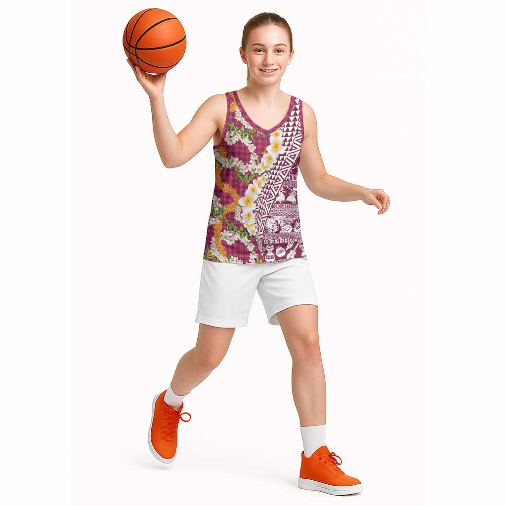 Hawaiian Plumeria Lei Basketball Jersey Kakau Motifs and Palaka Half Style Pink Color - Polynesian Pride