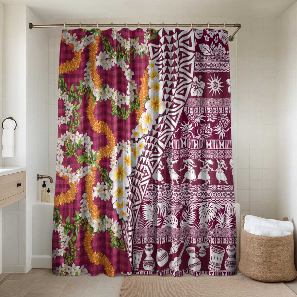 Hawaiian Plumeria Lei Bathroom Set Kakau Motifs and Palaka Half Style Pink Color LT03 Shower Curtain Only Pink - Polynesian Pride