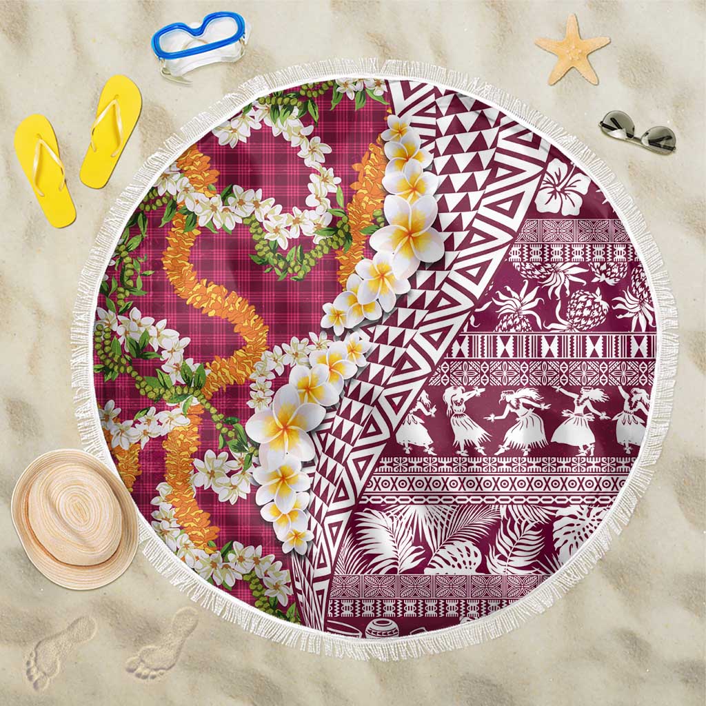 Hawaiian Plumeria Lei Beach Blanket Kakau Motifs and Palaka Half Style Pink Color - Polynesian Pride