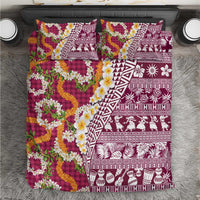 Hawaiian Plumeria Lei Bedding Set Kakau Motifs and Palaka Half Style Pink Color - Polynesian Pride