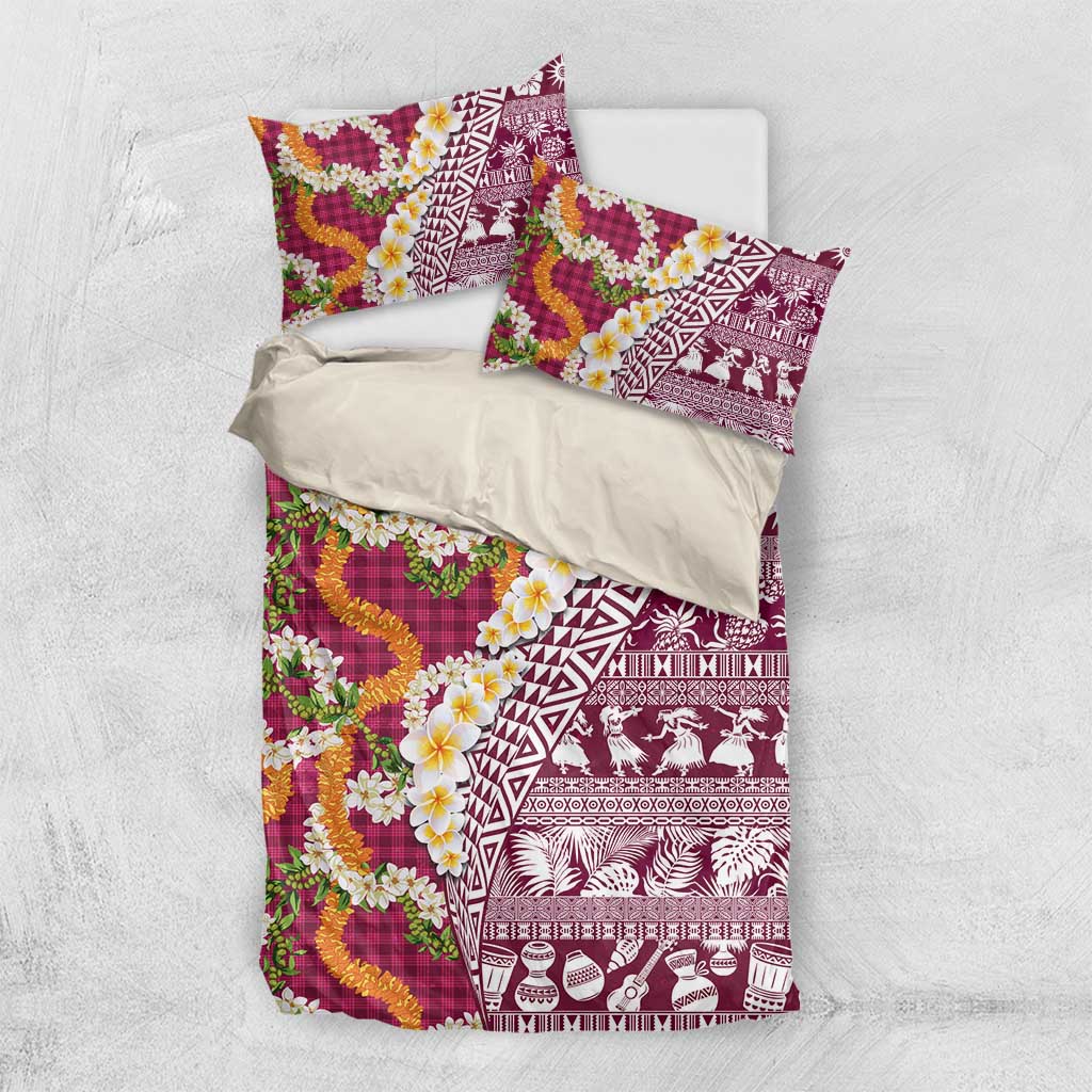 Hawaiian Plumeria Lei Bedding Set Kakau Motifs and Palaka Half Style Pink Color - Polynesian Pride