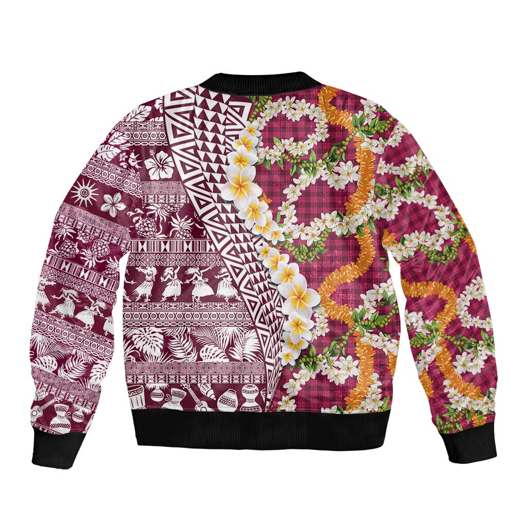 Hawaiian Plumeria Lei Bomber Jacket Kakau Motifs and Palaka Half Style Pink Color - Polynesian Pride