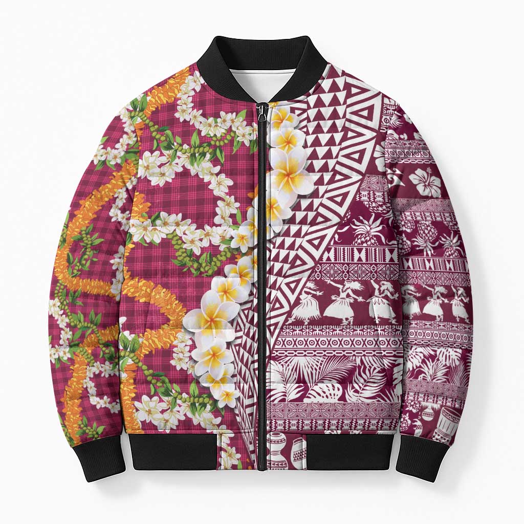 Hawaiian Plumeria Lei Bomber Puffer Jacket Kakau Motifs and Palaka Half Style Pink Color LT03 Unisex Pink - Polynesian Pride