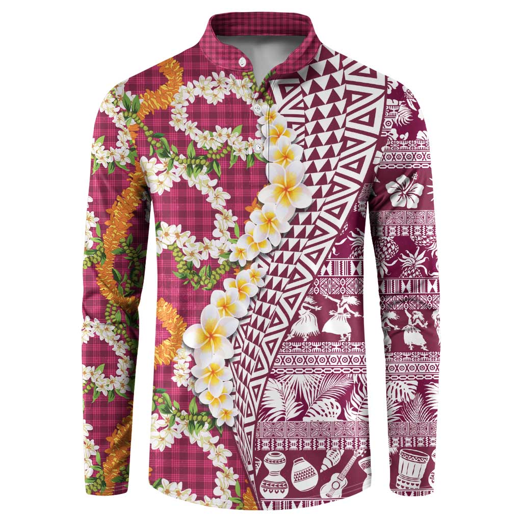 Hawaiian Plumeria Lei Button Sweatshirt Kakau Motifs and Palaka Half Style Pink Color LT03 Pink - Polynesian Pride