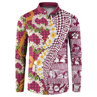 Hawaiian Plumeria Lei Button Sweatshirt Kakau Motifs and Palaka Half Style Pink Color LT03 Pink - Polynesian Pride