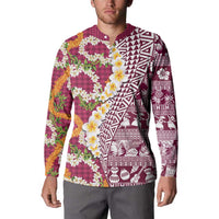 Hawaiian Plumeria Lei Button Sweatshirt Kakau Motifs and Palaka Half Style Pink Color LT03 - Polynesian Pride