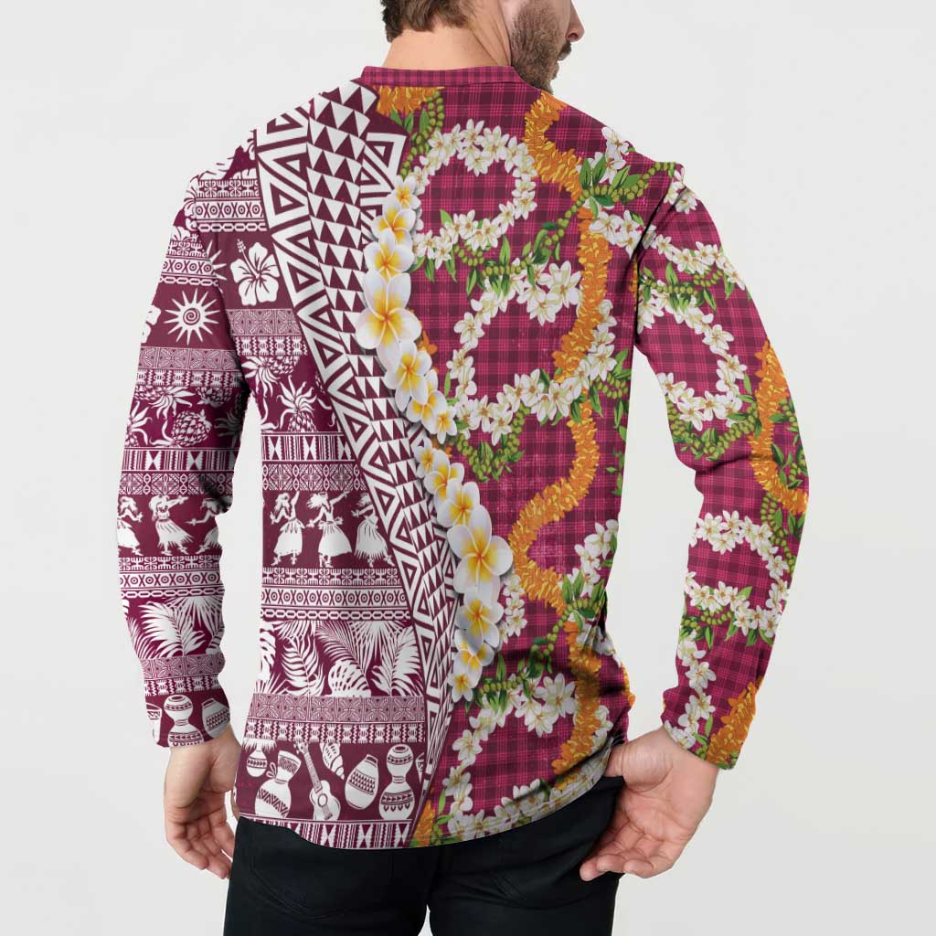 Hawaiian Plumeria Lei Button Sweatshirt Kakau Motifs and Palaka Half Style Pink Color LT03 - Polynesian Pride