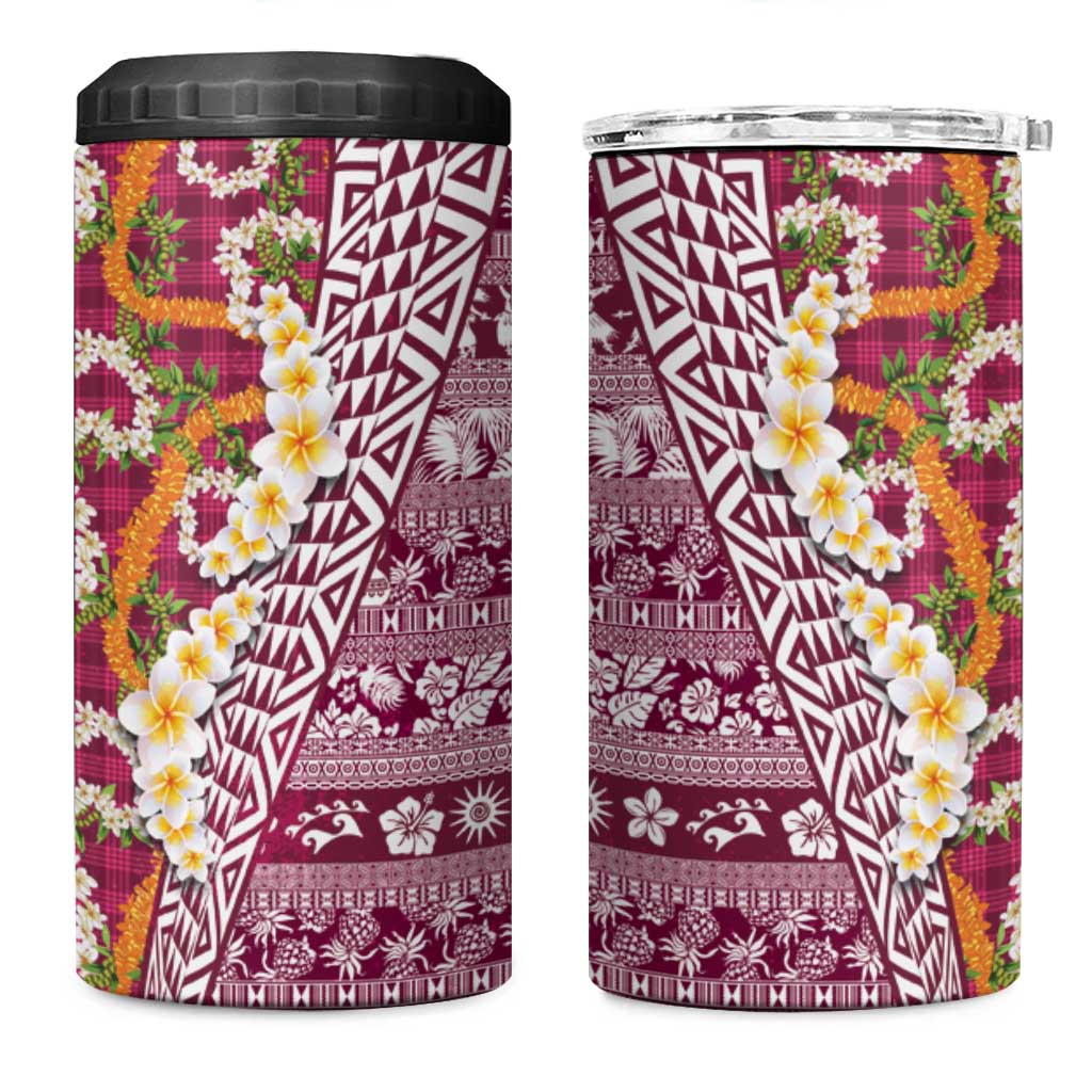 Hawaiian Plumeria Lei 4 in 1 Can Cooler Tumbler Kakau Motifs and Palaka Half Style Pink Color - Polynesian Pride