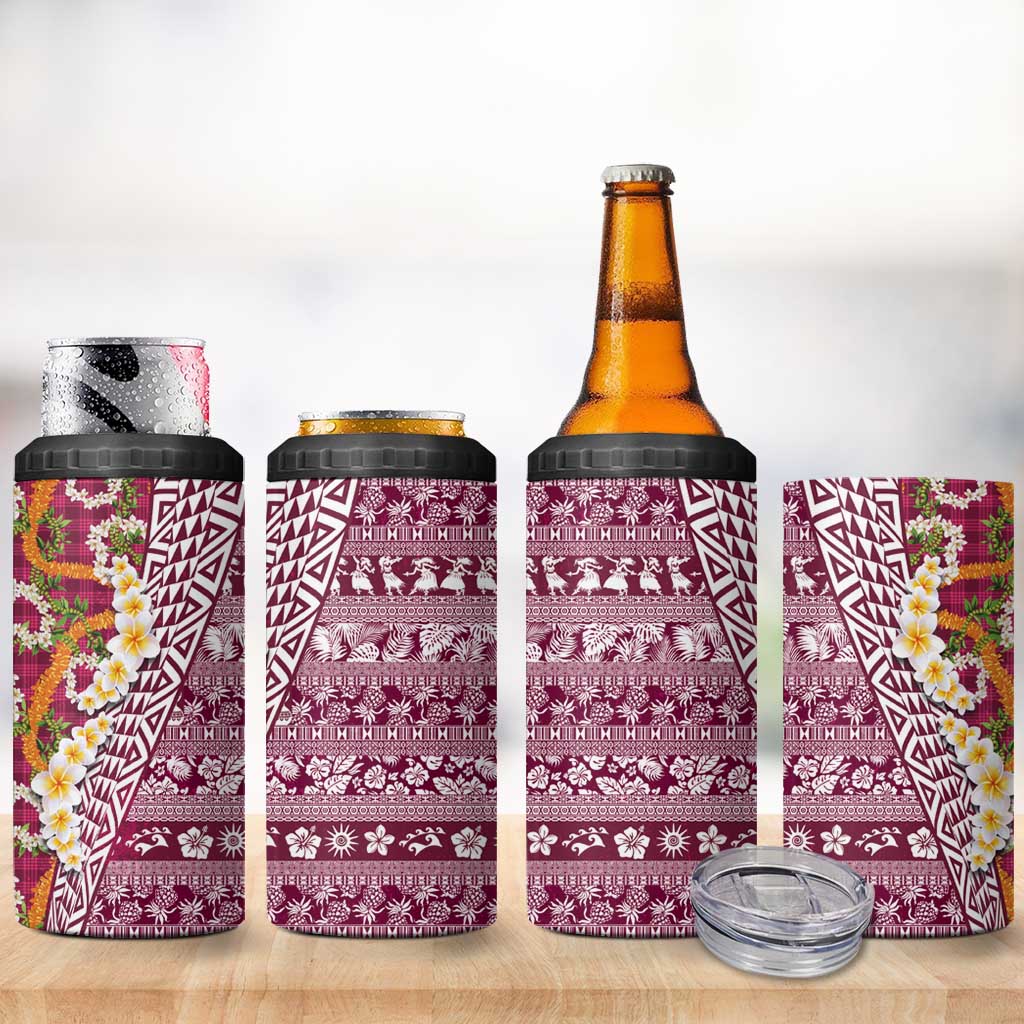 Hawaiian Plumeria Lei 4 in 1 Can Cooler Tumbler Kakau Motifs and Palaka Half Style Pink Color - Polynesian Pride