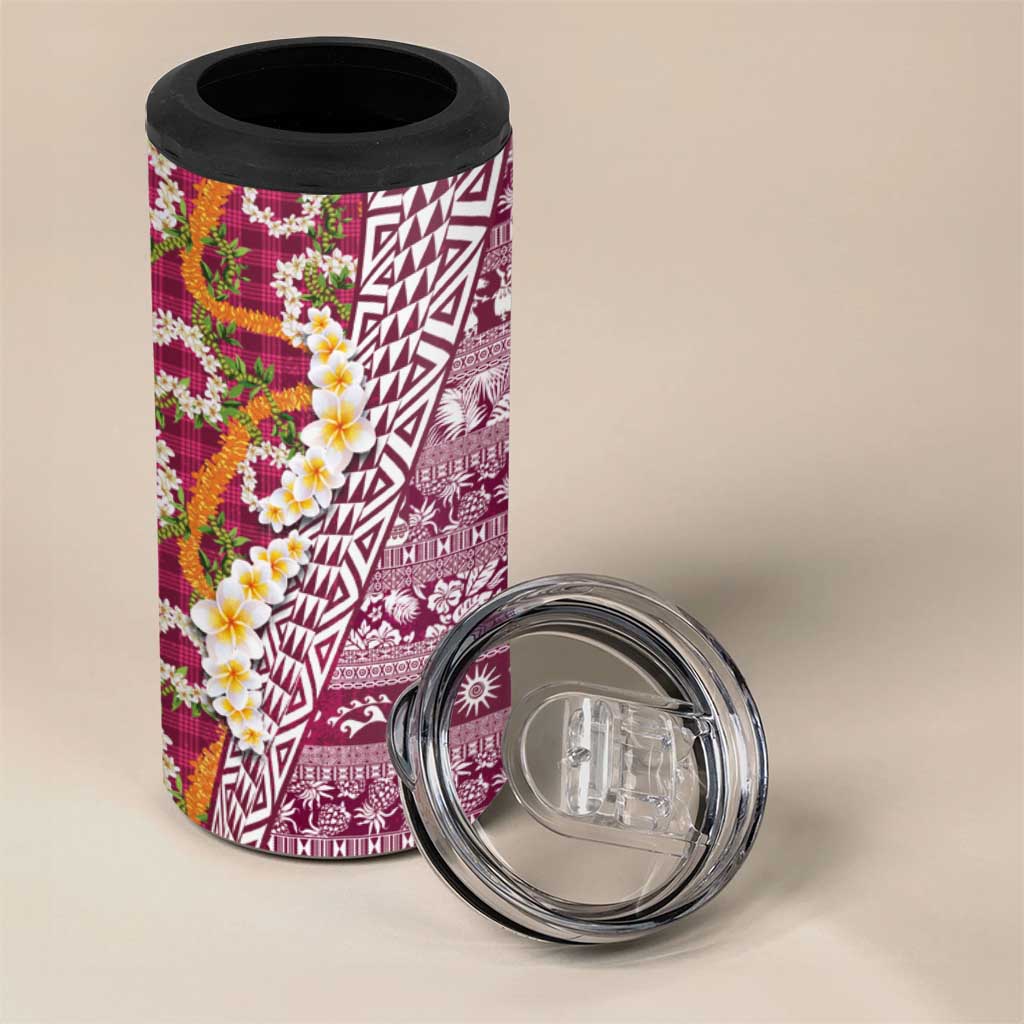 Hawaiian Plumeria Lei 4 in 1 Can Cooler Tumbler Kakau Motifs and Palaka Half Style Pink Color - Polynesian Pride