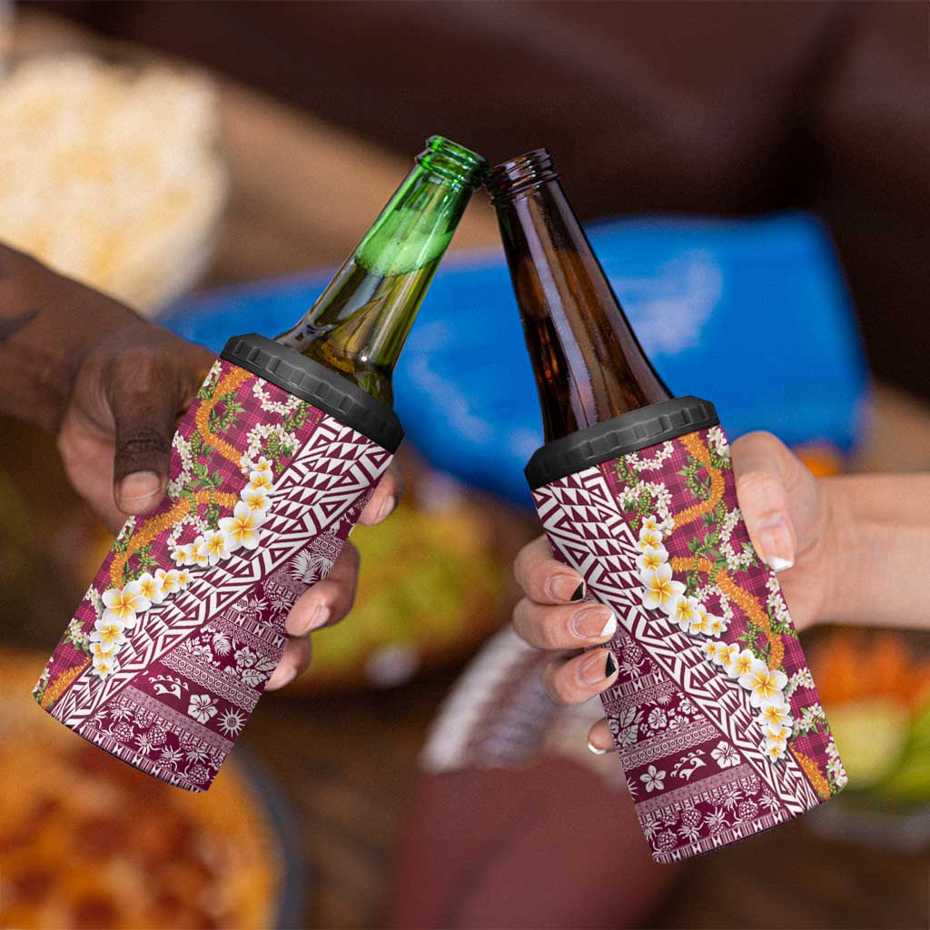 Hawaiian Plumeria Lei 4 in 1 Can Cooler Tumbler Kakau Motifs and Palaka Half Style Pink Color - Polynesian Pride