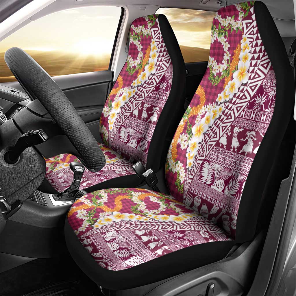 Hawaiian Plumeria Lei Car Seat Cover Kakau Motifs and Palaka Half Style Pink Color - Polynesian Pride