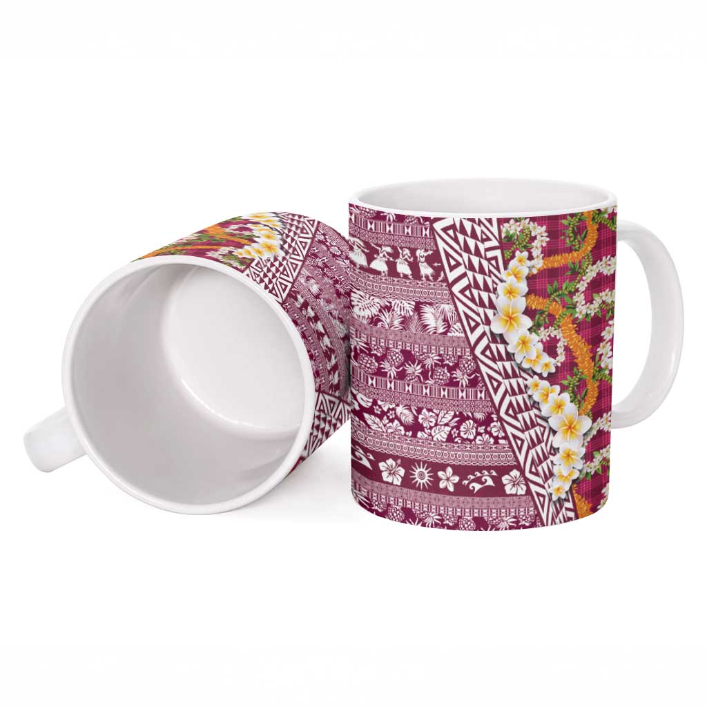 Hawaiian Plumeria Lei Ceramic Mug Kakau Motifs and Palaka Half Style Pink Color LT03 - Polynesian Pride