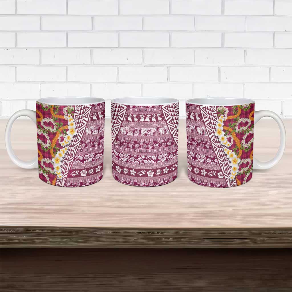 Hawaiian Plumeria Lei Ceramic Mug Kakau Motifs and Palaka Half Style Pink Color LT03 - Polynesian Pride