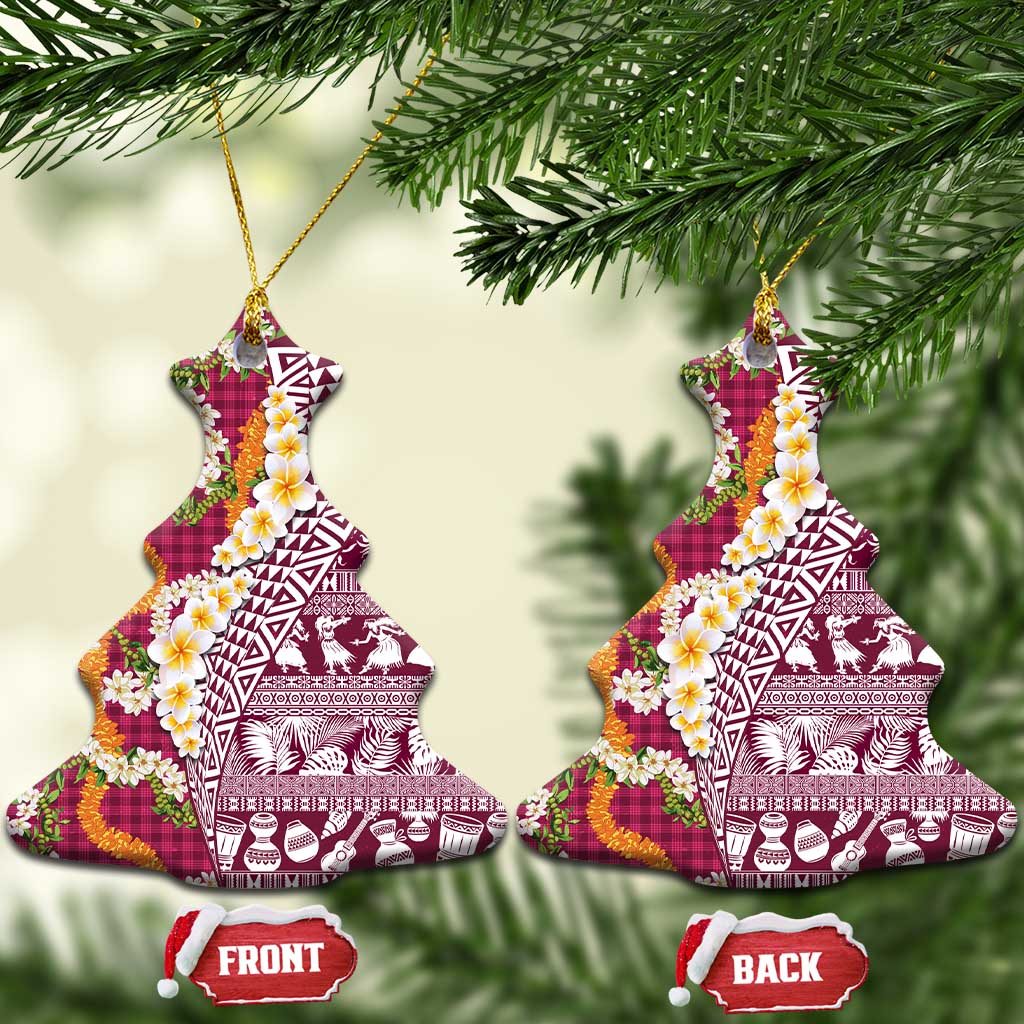 Hawaiian Plumeria Lei Ceramic Ornament Kakau Motifs and Palaka Half Style Pink Color - Polynesian Pride