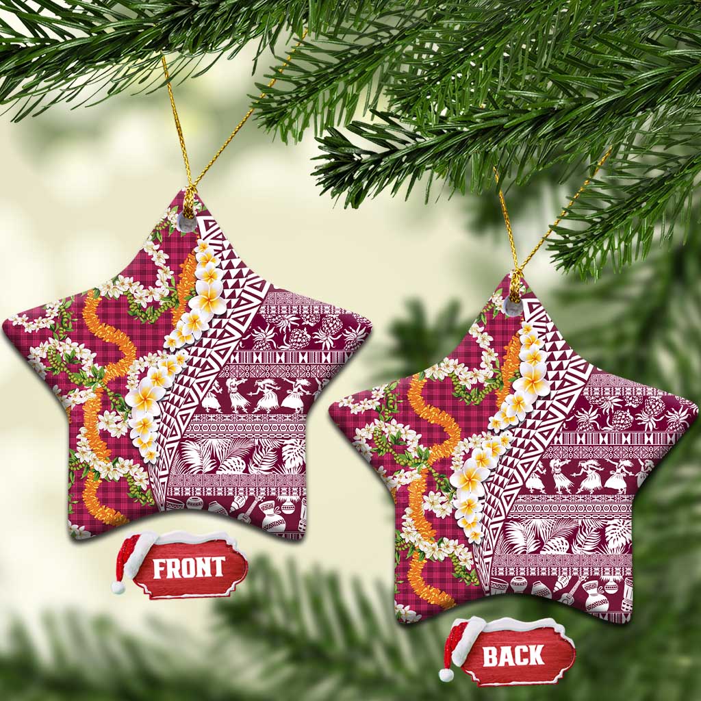 Hawaiian Plumeria Lei Ceramic Ornament Kakau Motifs and Palaka Half Style Pink Color - Polynesian Pride