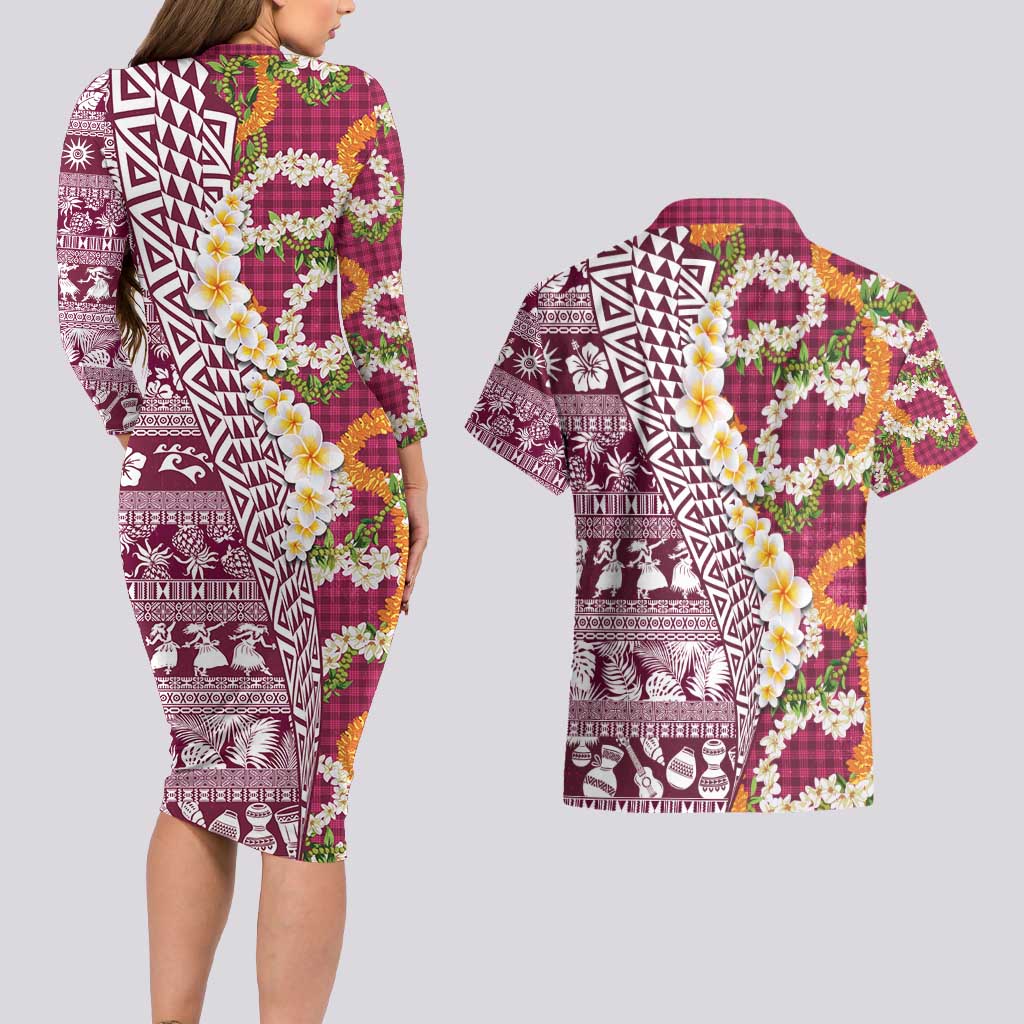 Hawaiian Plumeria Lei Couples Matching Long Sleeve Bodycon Dress and Hawaiian Shirt Kakau Motifs and Palaka Half Style Pink Color - Polynesian Pride