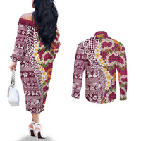 Hawaiian Plumeria Lei Couples Matching Off The Shoulder Long Sleeve Dress and Long Sleeve Button Shirt Kakau Motifs and Palaka Half Style Pink Color - Polynesian Pride