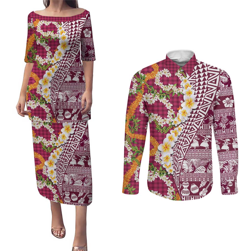 Hawaiian Plumeria Lei Couples Matching Puletasi and Long Sleeve Button Shirt Kakau Motifs and Palaka Half Style Pink Color - Polynesian Pride