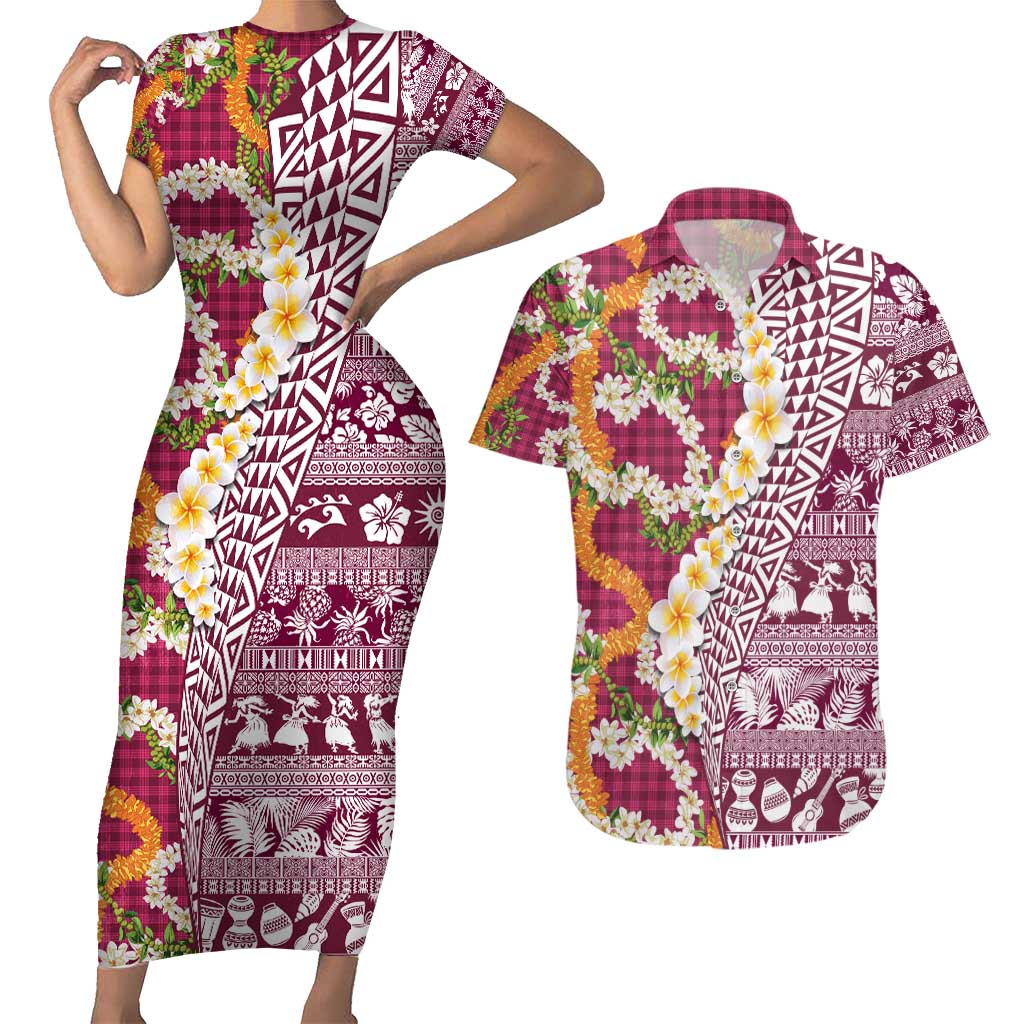 Hawaiian Plumeria Lei Couples Matching Short Sleeve Bodycon Dress and Hawaiian Shirt Kakau Motifs and Palaka Half Style Pink Color - Polynesian Pride
