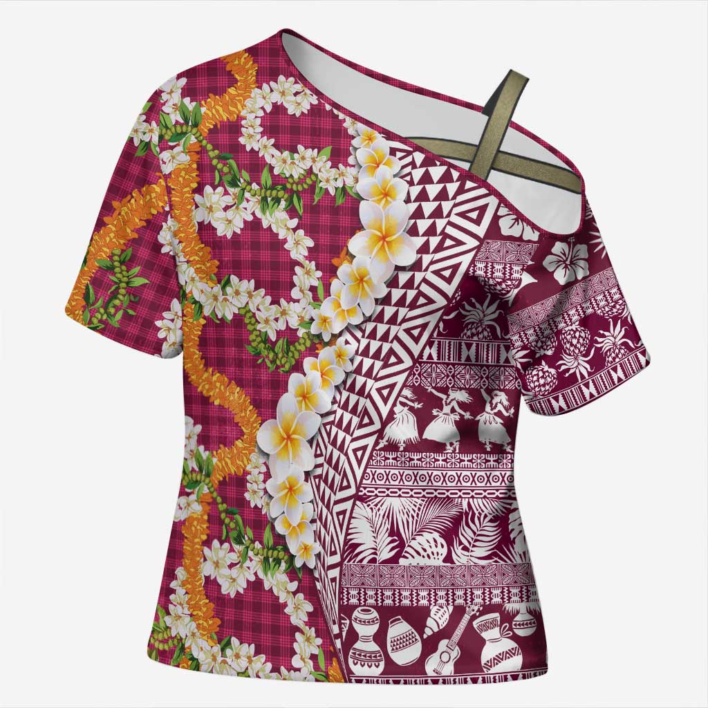 Hawaiian Plumeria Lei Cross Shoulder Shirt Kakau Motifs and Palaka Half Style Pink Color LT03 Female Pink - Polynesian Pride