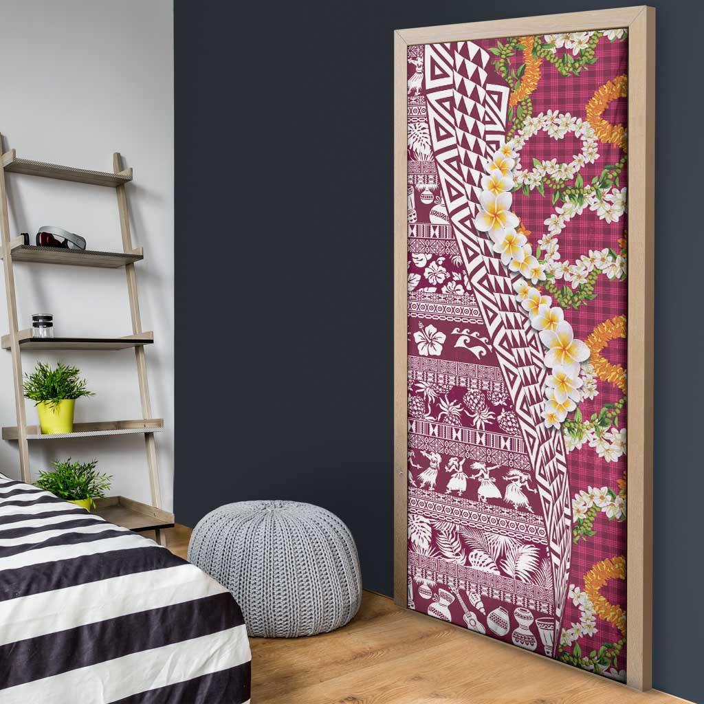 Hawaiian Plumeria Lei Door Cover Kakau Motifs and Palaka Half Style Pink Color - Polynesian Pride