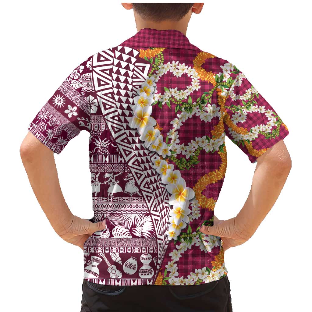 Hawaiian Plumeria Lei Family Matching Mermaid Dress and Hawaiian Shirt Kakau Motifs and Palaka Half Style Pink Color - Polynesian Pride