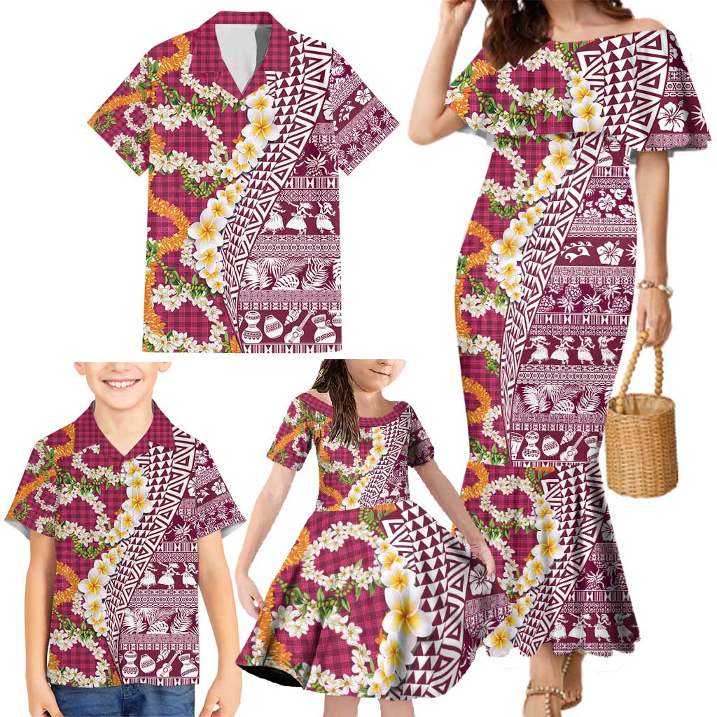Hawaiian Plumeria Lei Family Matching Mermaid Dress and Hawaiian Shirt Kakau Motifs and Palaka Half Style Pink Color - Polynesian Pride