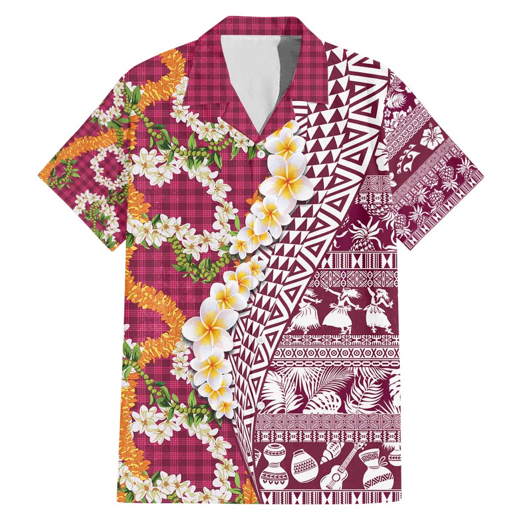 Hawaiian Plumeria Lei Family Matching Mermaid Dress and Hawaiian Shirt Kakau Motifs and Palaka Half Style Pink Color - Polynesian Pride