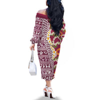 Hawaiian Plumeria Lei Family Matching Off The Shoulder Long Sleeve Dress and Hawaiian Shirt Kakau Motifs and Palaka Half Style Pink Color - Polynesian Pride