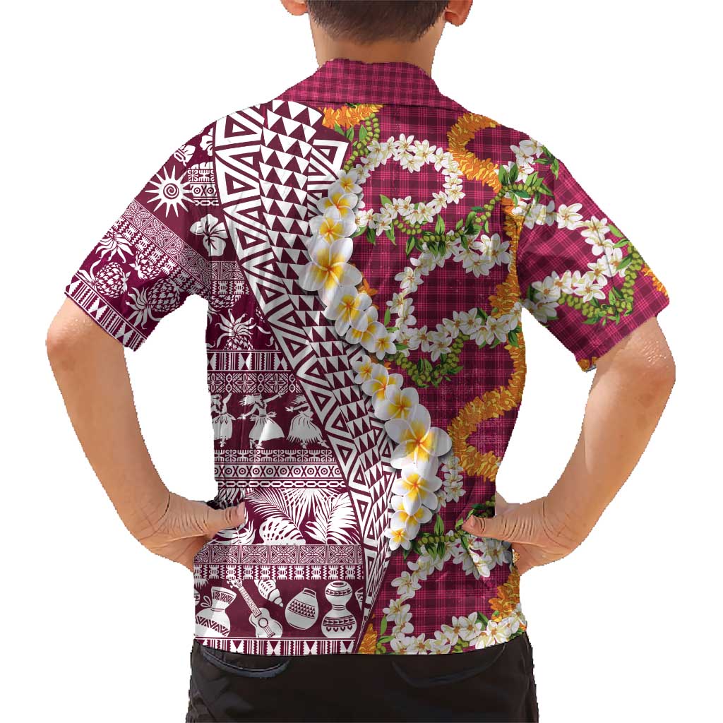 Hawaiian Plumeria Lei Family Matching Puletasi and Hawaiian Shirt Kakau Motifs and Palaka Half Style Pink Color - Polynesian Pride