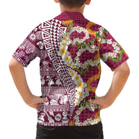 Hawaiian Plumeria Lei Family Matching Puletasi and Hawaiian Shirt Kakau Motifs and Palaka Half Style Pink Color - Polynesian Pride